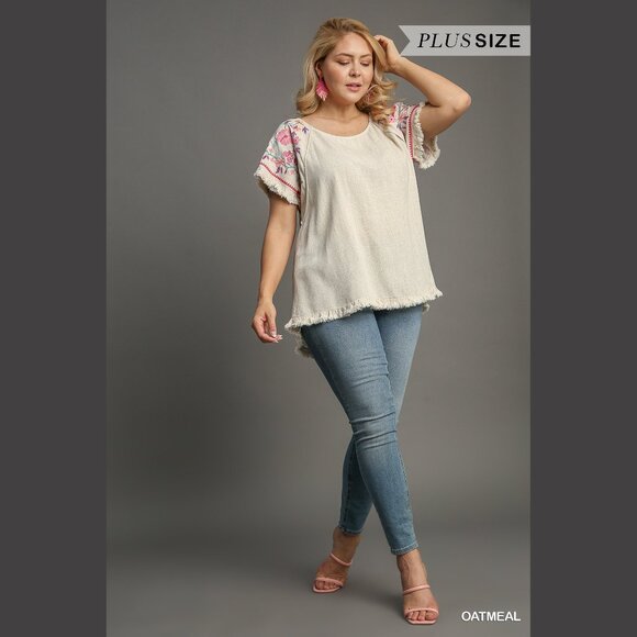 Embroidered Sleeves Linen Cotton Blend Round Neck w/ Frayed High Low Hem - Picture 3 of 14